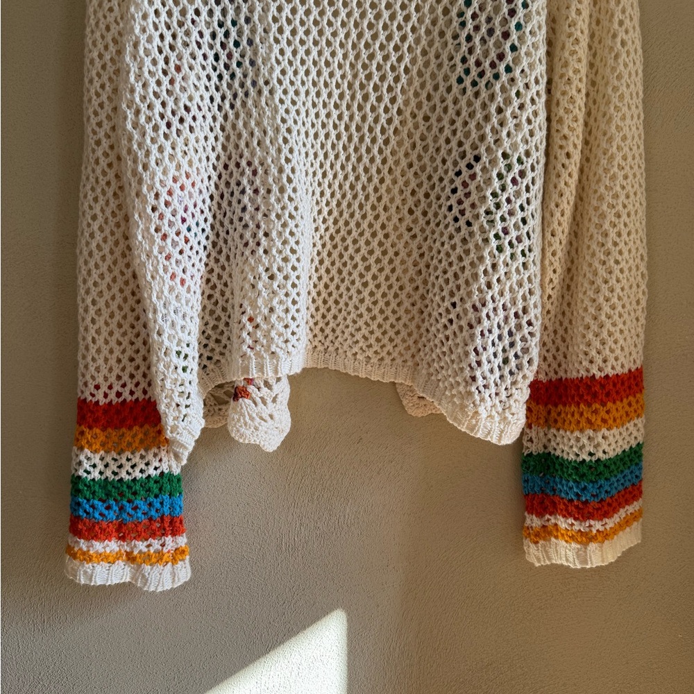 Floral Multi Color Granny Square Crochet Striped Bell Sleeve Cardigan Sweater S - Picture 7 of 10